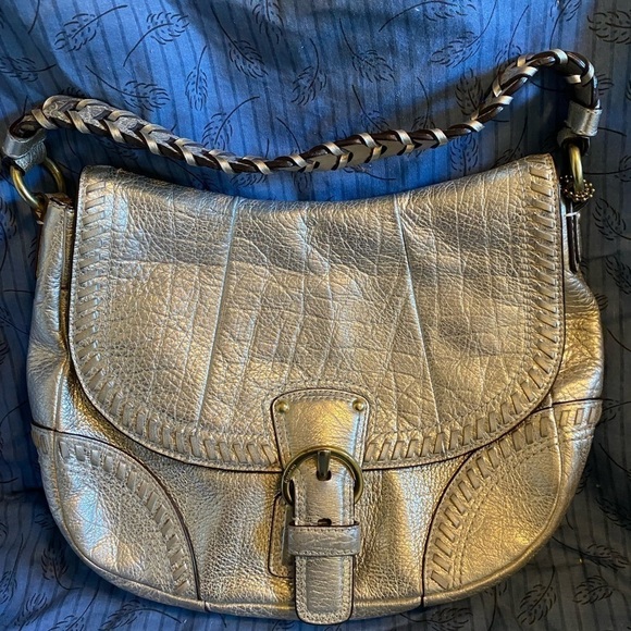 Coach leather poppy whipstitched handbag in metallic champagne - Picture 1 of 11